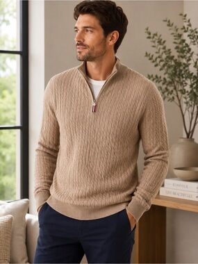 NWT Tommy Hilfiger Men's Beige Cable Knit 1/4 Zip Pullover Sweater Size XL